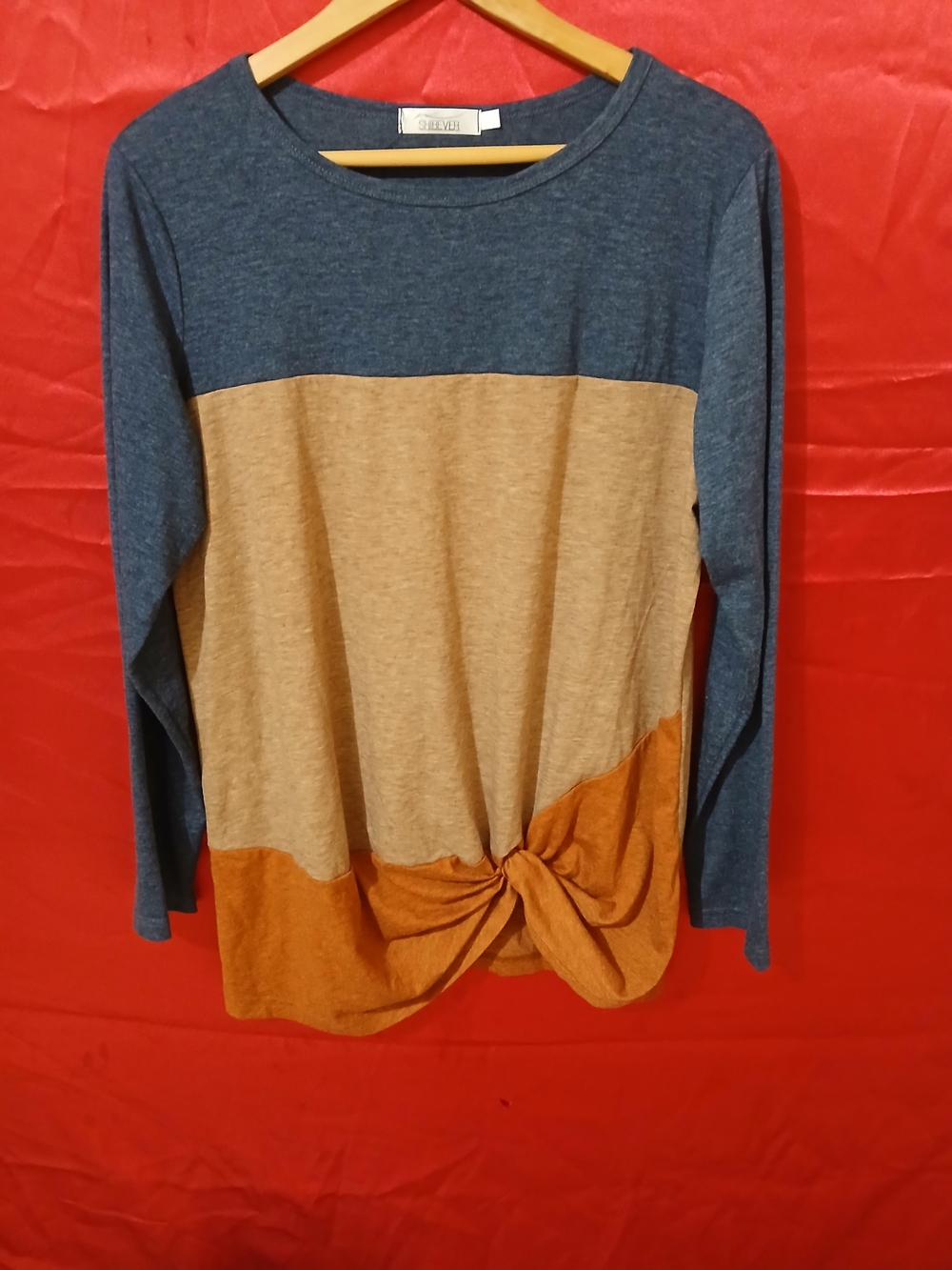 Colorblock Knot-Front Long Sleeve Top - Blue, Tan & Rust